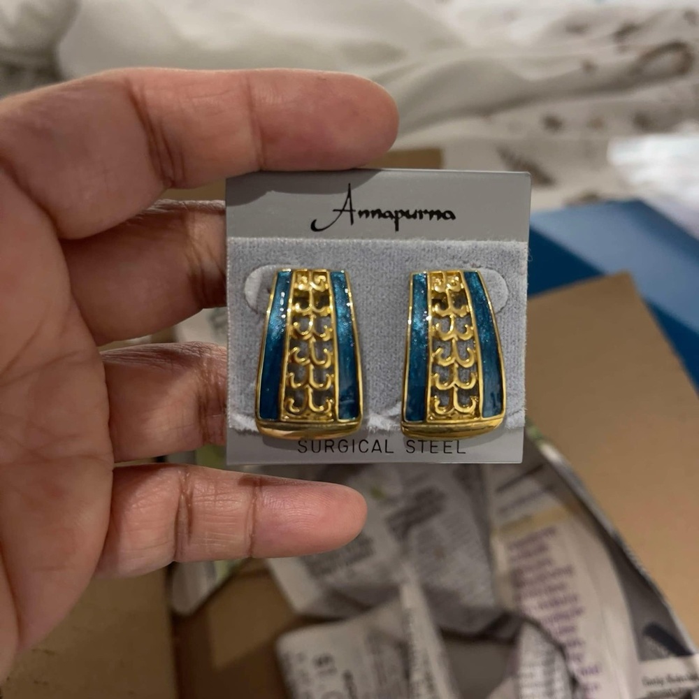 Annapurna Blue & Gold Rectangular Enamel Earrings